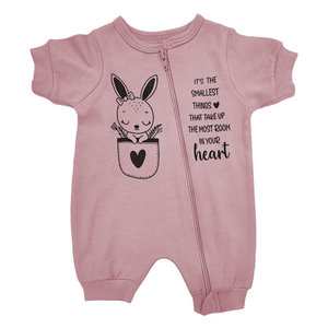 BABY GROW SHORT SLEEVE WITH DUSTY PINK BUNNY POCKET