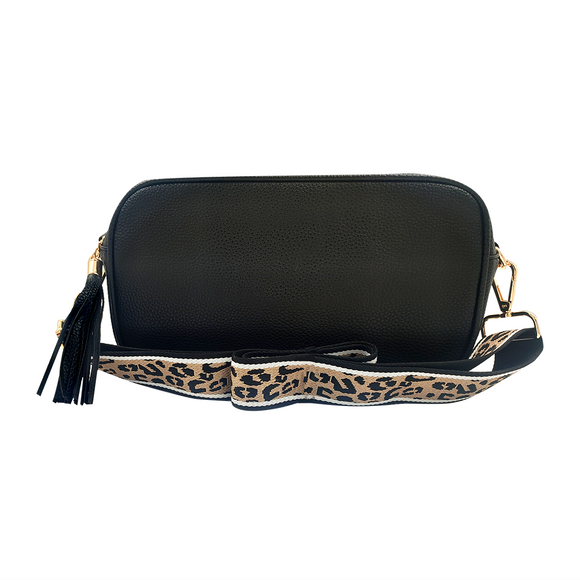 BAG CROSS BODY CAMERA PU BLACK WITH LEOPARD PRINT STRAP