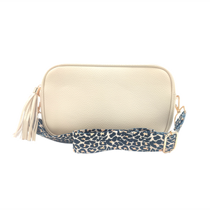 BAG CROSS BODY CAMERA PU CREAM WITH LEOPARD STRAP