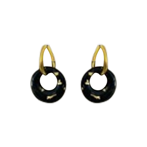 EARRING HOOP GOLD WITH 3D ROUND PENDANT BLACK GOLD FLECKS