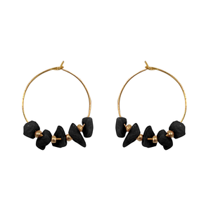 EARRING HOOP GOLD WITH STONE BEADS BLACK