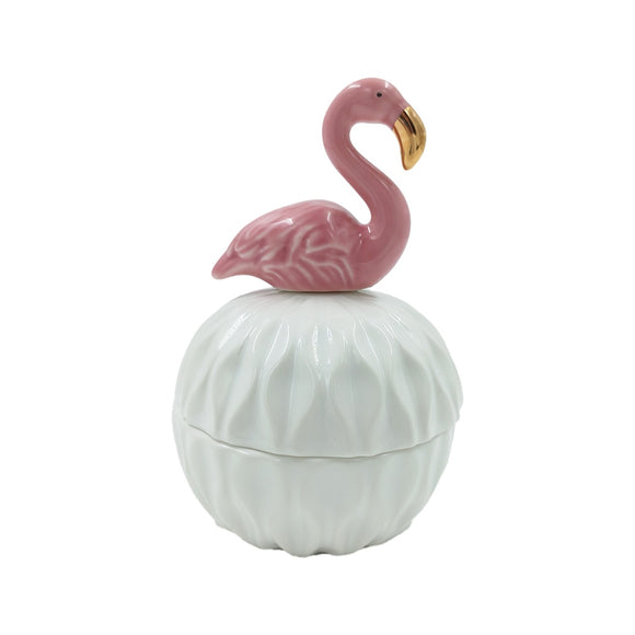 CERAMIC TRINKET BOX WHITE WITH PINK FLAMINGO ON FACETTED DOME