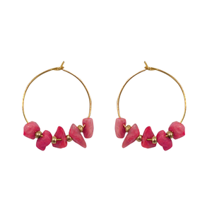 EARRING HOOP GOLD WITH STONE BEADS CERISE PINK