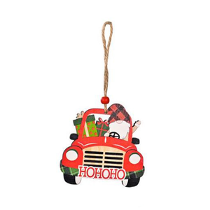 XMAS DECOR WOODEN HANGING RED CAR HOHOHO