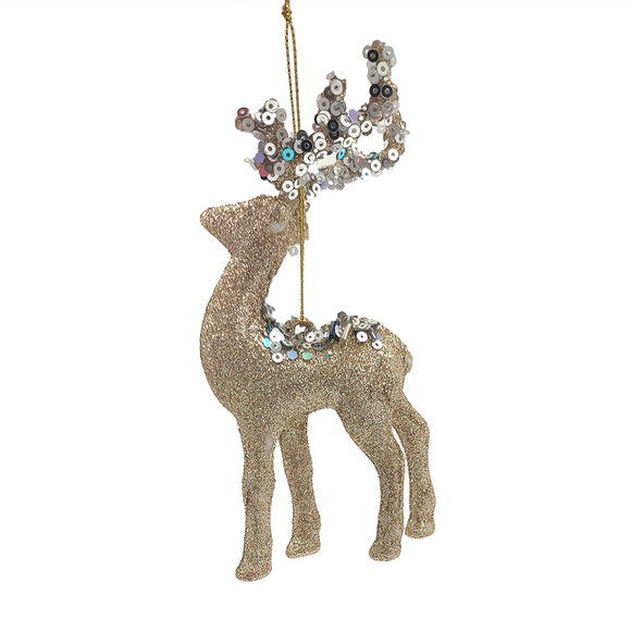 XMAS DECOR HANGING GLITTER REINDEER CHAMPAGNE