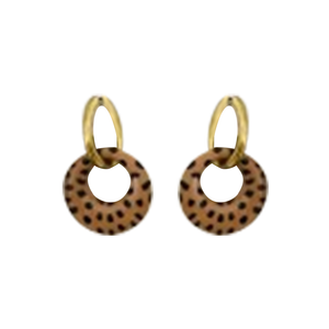 EARRING HOOP GOLD WITH 3D ROUND PENDANT BROWN BLACK LEOPARD FLECKS