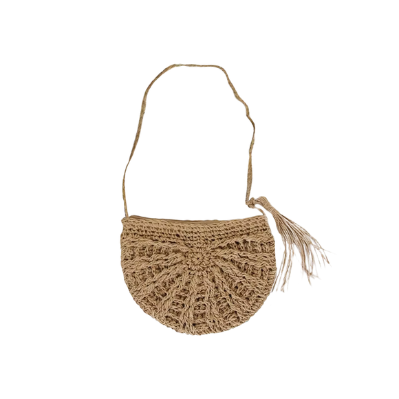 CROSS BODY BAG STRAW HALF MOON WOVEN CROCHET STYLE BROWN