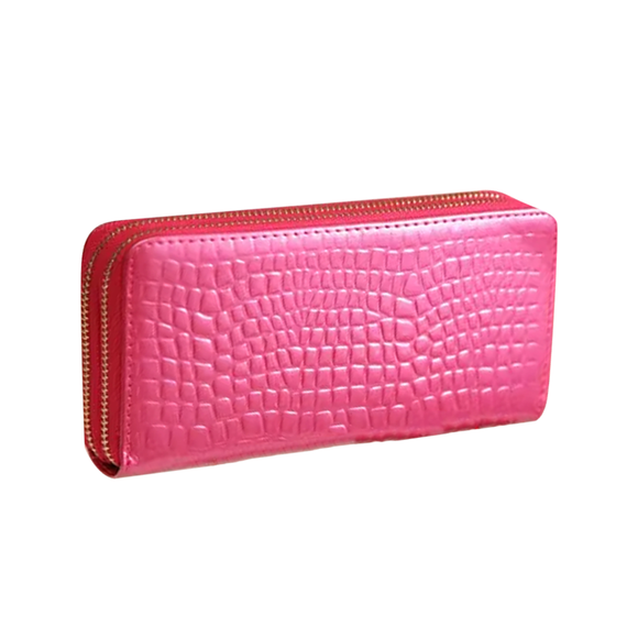 PURSE 2 ZIP GLOSS MOCK CROC DESIGN WITH CARRY HANDLE HOT PINK