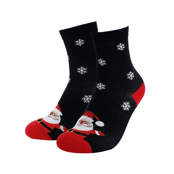 XMAS SOCKS SANTA ON BLACK WITH SNOWFLAKES