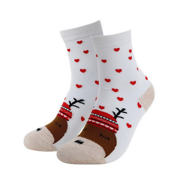 XMAS SOCKS REINDEER ON WHITE WITH RED HEARTS