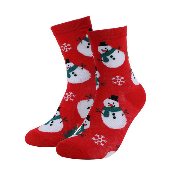 XMAS SOCKS SNOWMEN ON RED WITH GREEN TREES