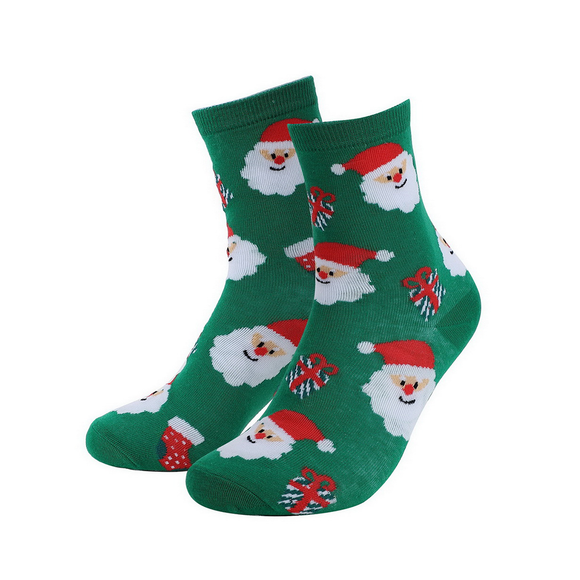 XMAS SOCKS SANTA ON GREEN WITH RED STOCKINGS