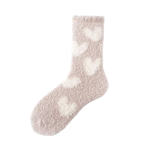 SOCKS FLUFFY WHITE HEARTS ON BEIGE