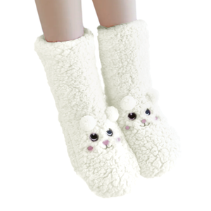 SLIPPER SOCKS LONG FLUFFY BEAR WHITE