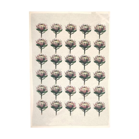 TEA TOWEL ROWS OF PROTEA ON WHITE