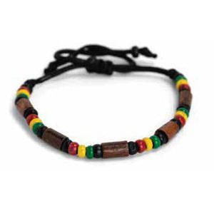 BRACELET PULL STRING BLACK AND BROWN WITH RASTA COLOUR BEADS