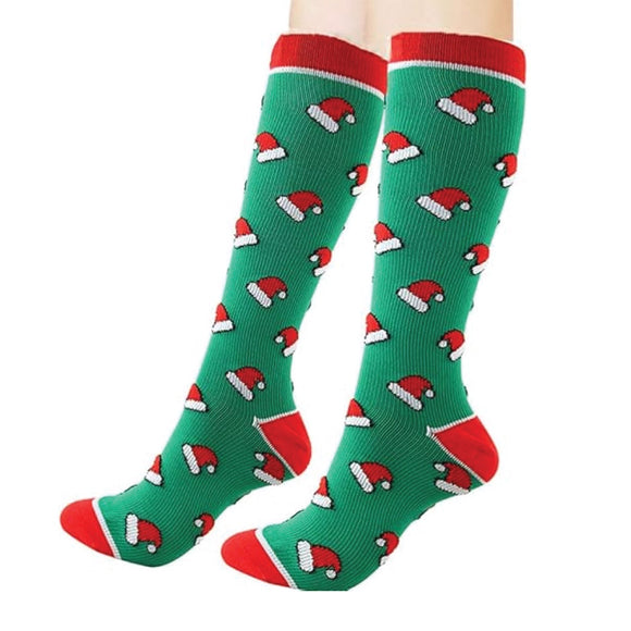 XMAS SOCKS XTRA LONG RED HATS ON GREEN