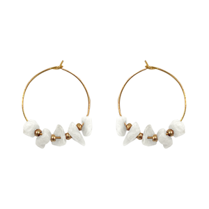 EARRING HOOP GOLD WITH STONE BEADS WHITE