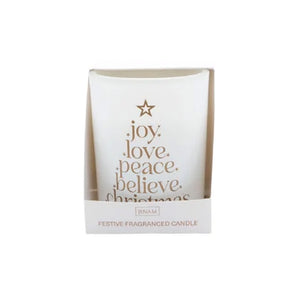 XMAS CANDLE JOY LOVE & PEACE WHITE WITH GOLD